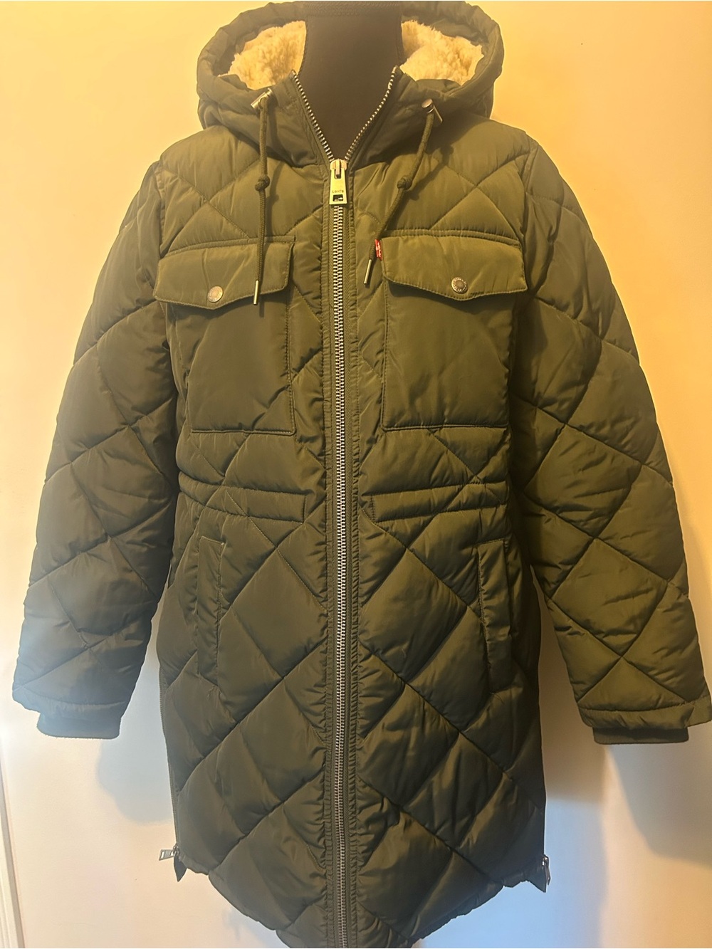 Levi's Olive Quilted Hooded Puffer Coat with Faux-Fur Trim